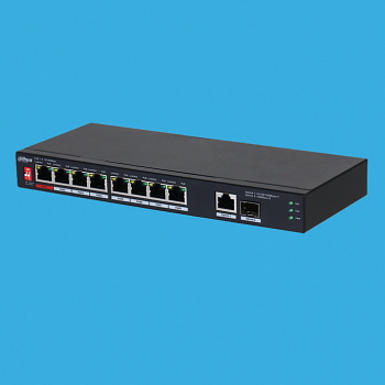 Коммутатор, Dahua, DH-PFS3110-8ET1GT1GF-96, неуправляемый, 8 портов 10/100M PoE 802.3af/at/bt, 96W)