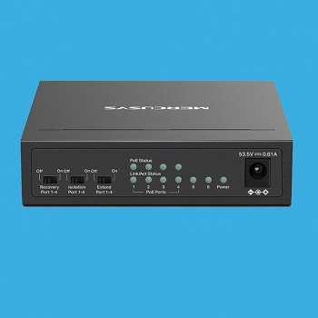 Коммутатор, Mercusys, MS106LP, Миниатюрный, 6 портов 10/100M RJ45 (4 порта PoE+ 802.3af/at 40W, 250м
