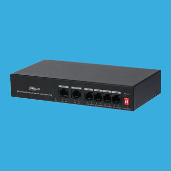 Коммутатор, Dahua, DH-PFS3006-4ET-36, Настольный, 6 портов 10/100M, PoE (4 порта), Корпус металл